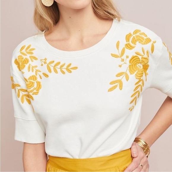 Maeve by Anthropologie Vineland Embroidered Cropped Short Sleeved Sweatshirt XXS - Picture 2 of 14